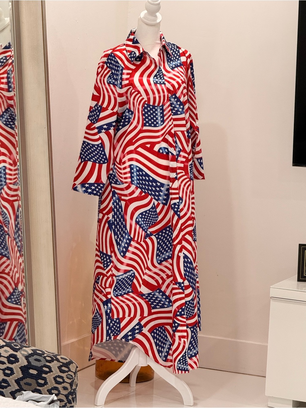 Patriotic Red, White & Blue Flag Print Maxi Shirt Dress